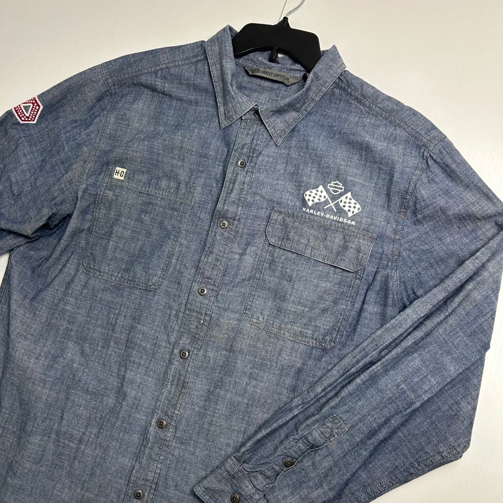 Harley-Davidson Mens XL Slim Blue Chambray Racing Button Down Shirt Long Sleeve